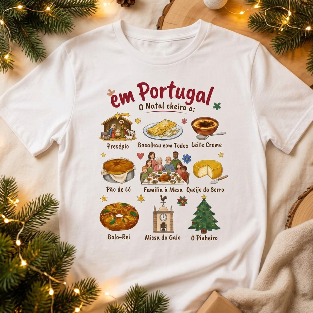 Detalhe da estampagem da t-shirt num ambiente natalício