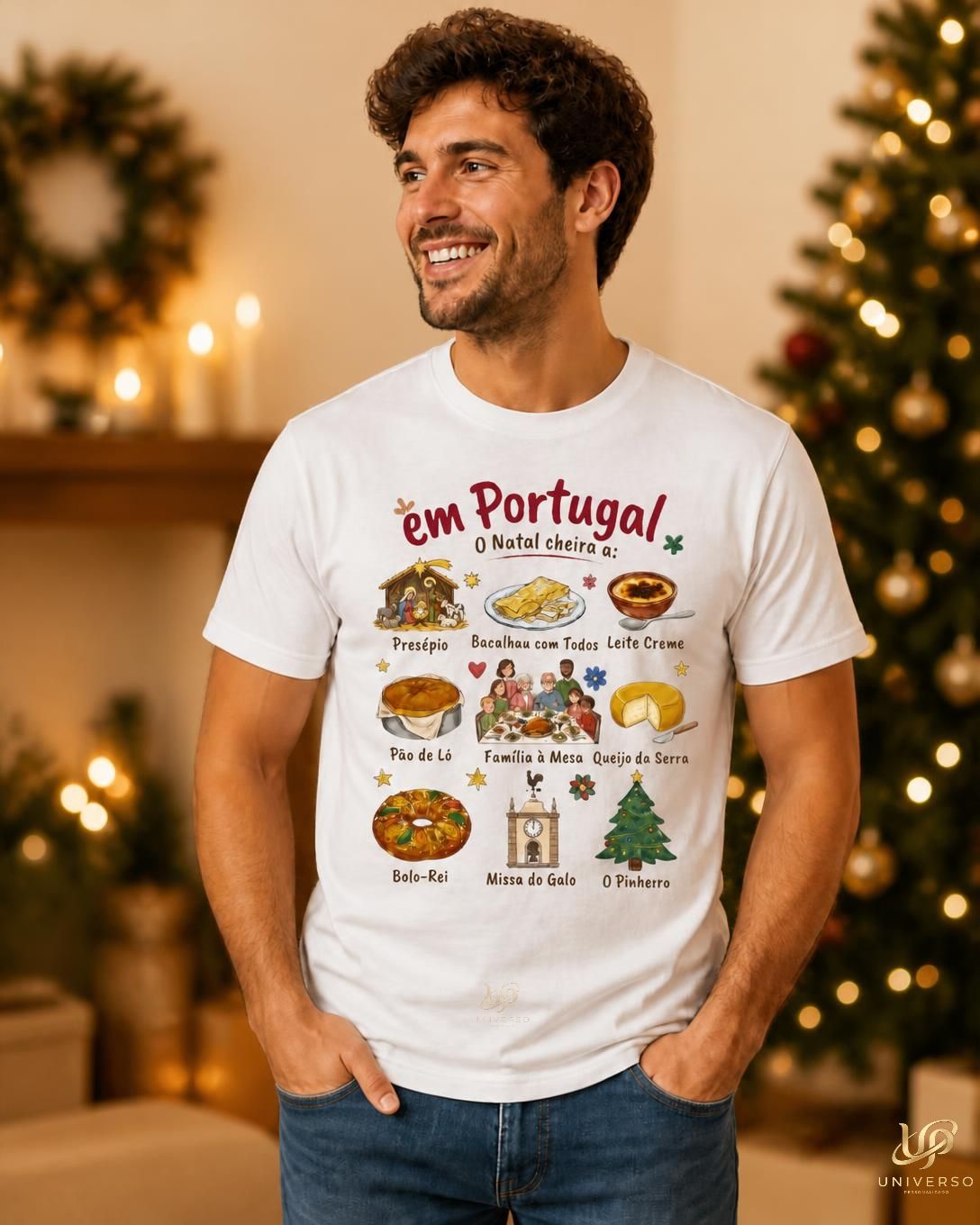 Modelo com t-shirt branca estampada com tradições de Natal em Portugal, num cenário natalício.