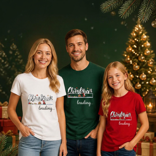 Três modelos com t-shirts Christmas Loading num ambiente de Natal.