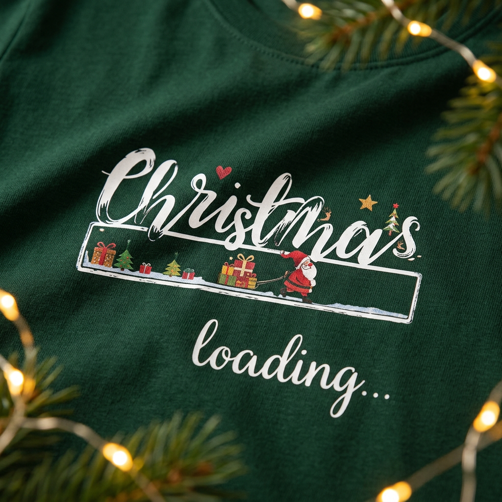 Pormenor da estampagem Christmas Loading na t-shirt verde com ambiente natalício.