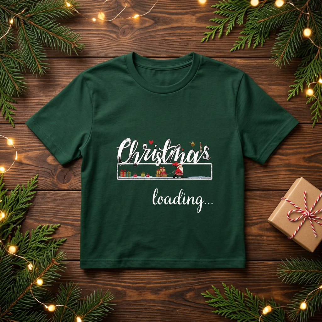 T-shirt verde Christmas Loading com decoração natalícia.
