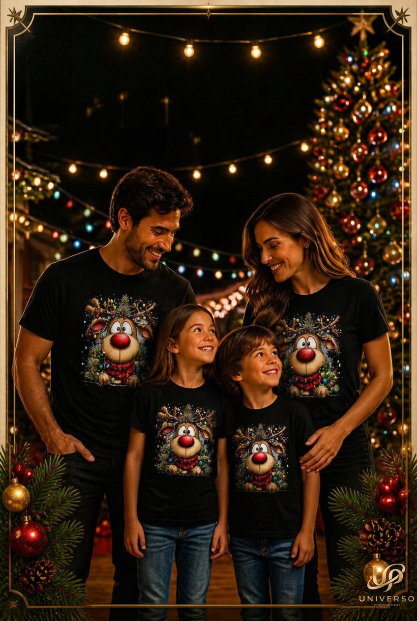 Imagem da família de t-shirts pretas sem texto, apenas com o logótipo Universo