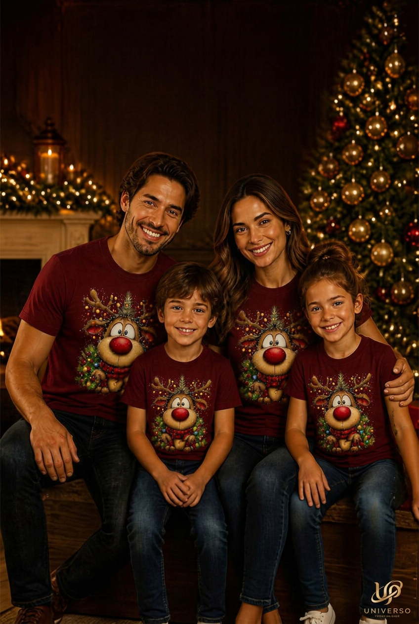 Imagem de produto de Natal sem texto, apenas com o logótipo Universo, família de t-shirts pretas