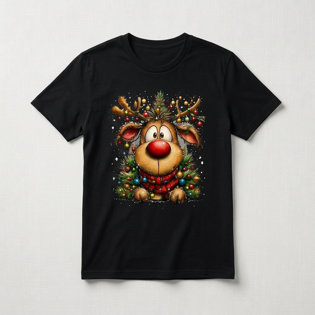 T-shirt de Natal preta deitada, sozinha, com o design de rena