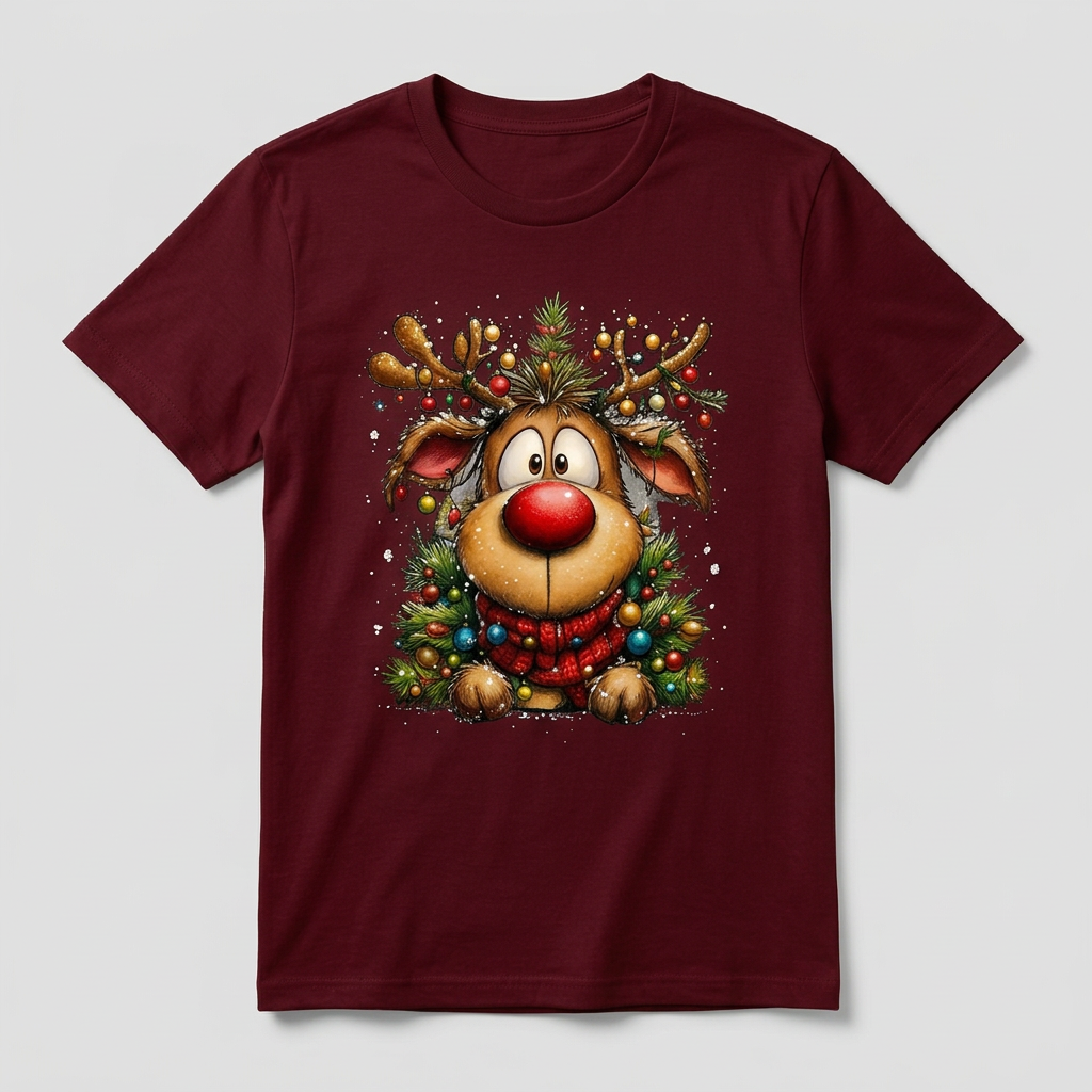 T-shirt de Natal vermelho escura deitada, sozinha, com o design de rena